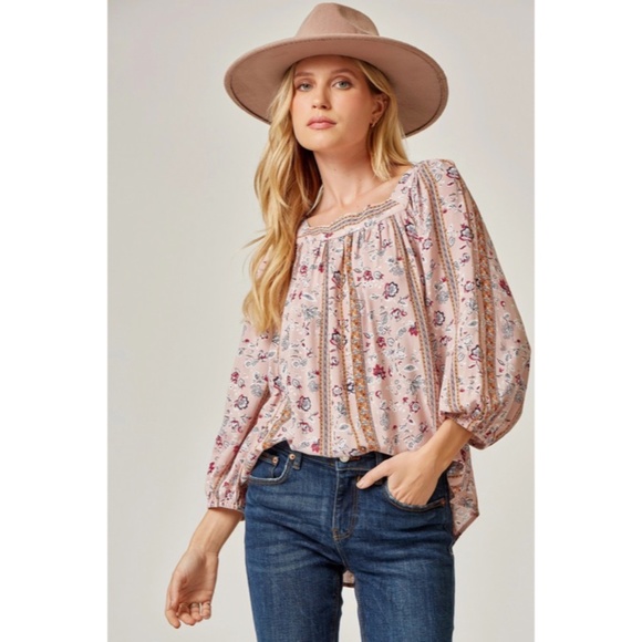 Mauve Bohemian Floral Print Peasant Long Sleeve Tie Back Square Neck Blouse - Picture 2 of 6